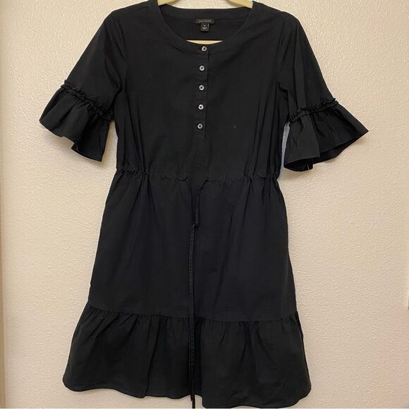 Ann Taylor Black Solid Day Fit & Flare Dress ruffle 3/4 sleeve romantic goth XS - Picture 3 of 11